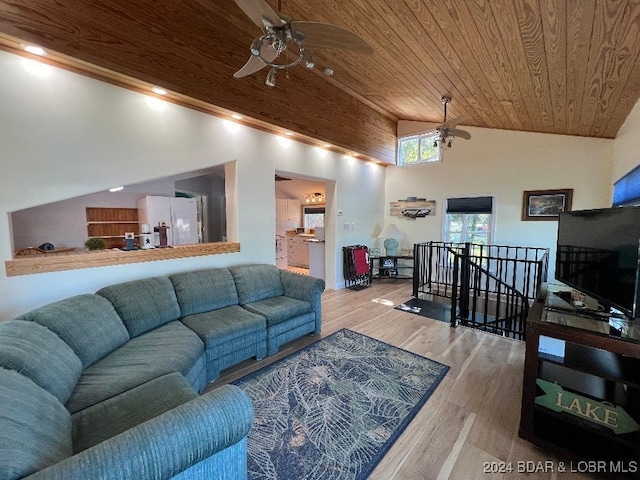 living room featuring ceiling fan, wood-type flooring, high vaulted ceiling, and wooden ceiling