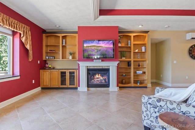 tiled living room with a wall mounted air conditioner