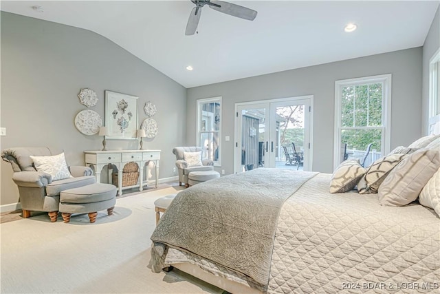 bedroom featuring french doors, ceiling fan, access to exterior, and vaulted ceiling