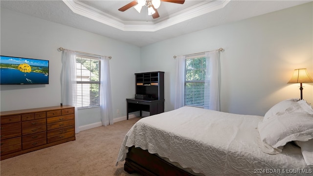 bedroom with light colored carpet, ceiling fan, crown molding, and a tray ceiling