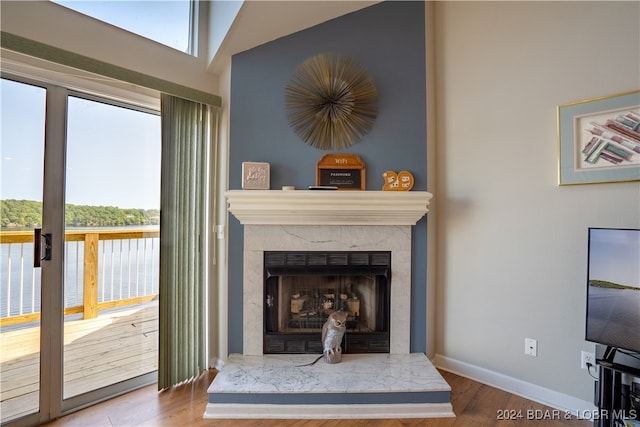 room details featuring wood-type flooring and a fireplace