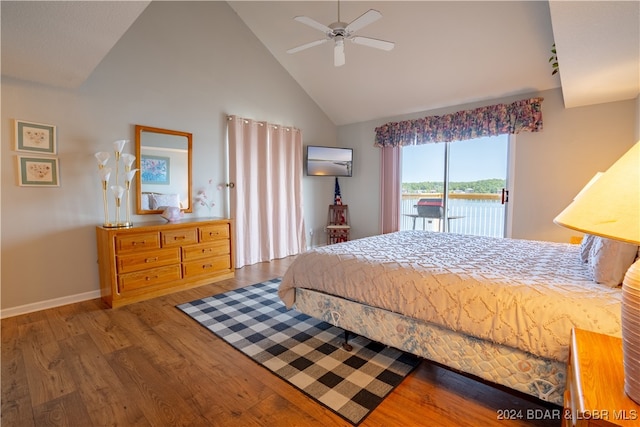 bedroom featuring dark wood-type flooring, ceiling fan, high vaulted ceiling, and access to outside