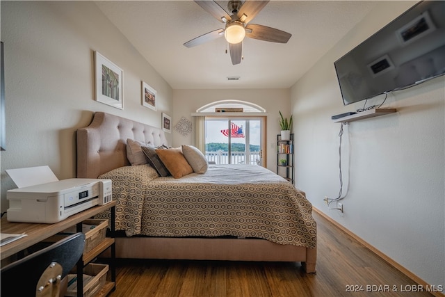 bedroom with wood-type flooring and ceiling fan