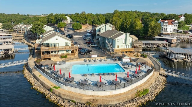 drone / aerial view with a water view