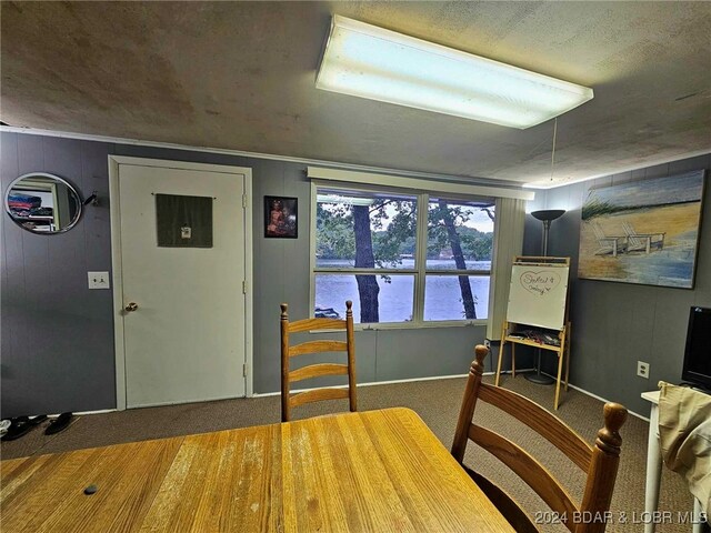 carpeted dining area featuring a water view and wood walls