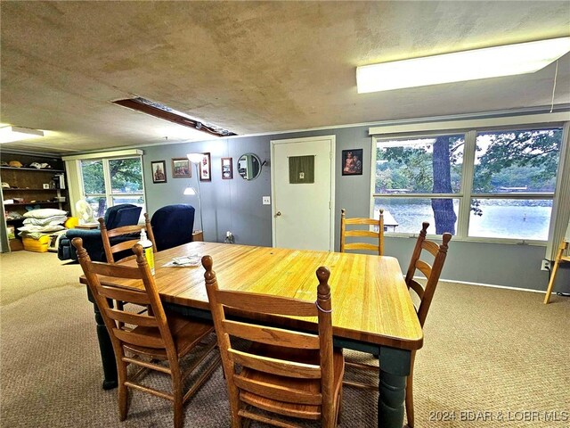 dining room featuring a textured ceiling and carpet floors