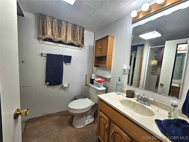 bathroom featuring vanity, toilet, and walk in shower