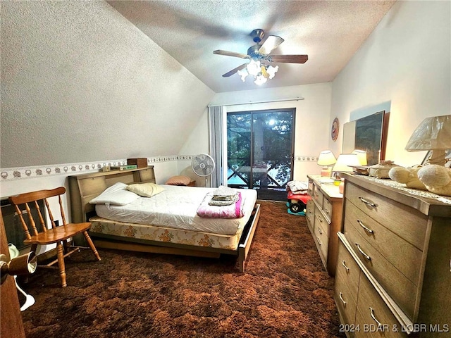 carpeted bedroom with vaulted ceiling, a textured ceiling, access to outside, and ceiling fan