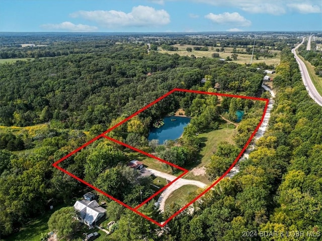 drone / aerial view with a view of trees and a water view