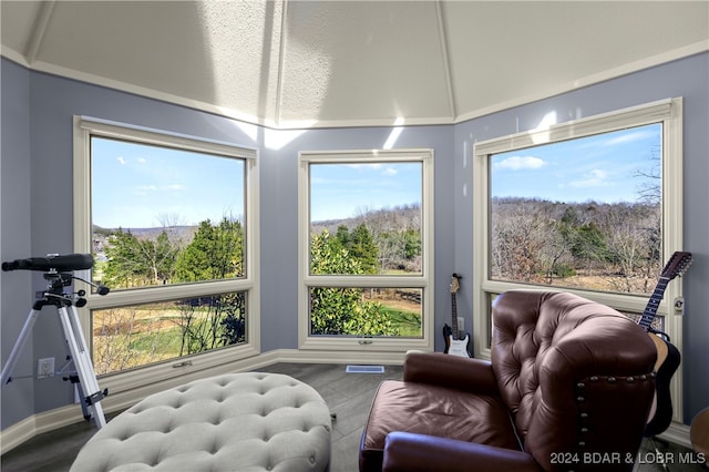 sunroom / solarium featuring lofted ceiling and plenty of natural light