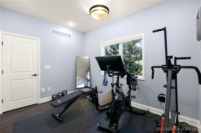 exercise area featuring dark wood-type flooring