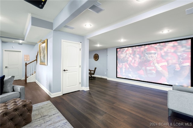 home theater room featuring dark hardwood / wood-style flooring