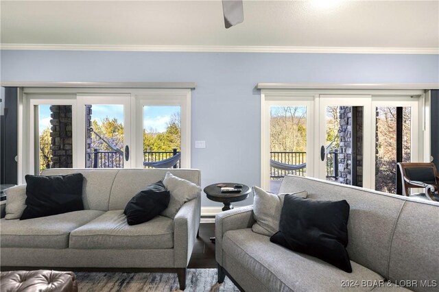 living room featuring ornamental molding and wood finished floors