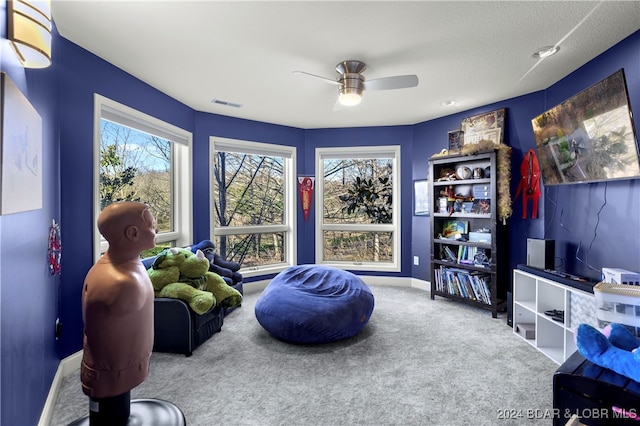 sitting room featuring ceiling fan, carpet, and a textured ceiling