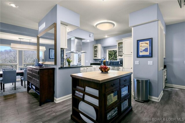 kitchen featuring range hood, glass insert cabinets, wooden counters, a wealth of natural light, and dark wood finished floors