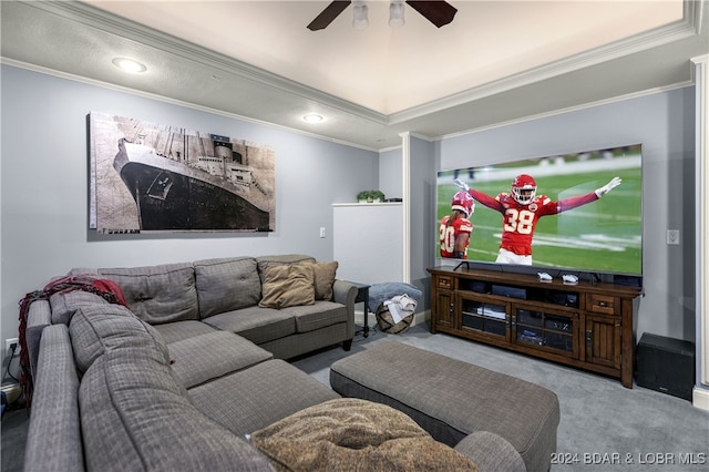 living room with ceiling fan, light colored carpet, and ornamental molding