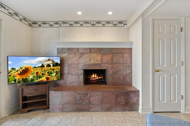 living room with a fireplace