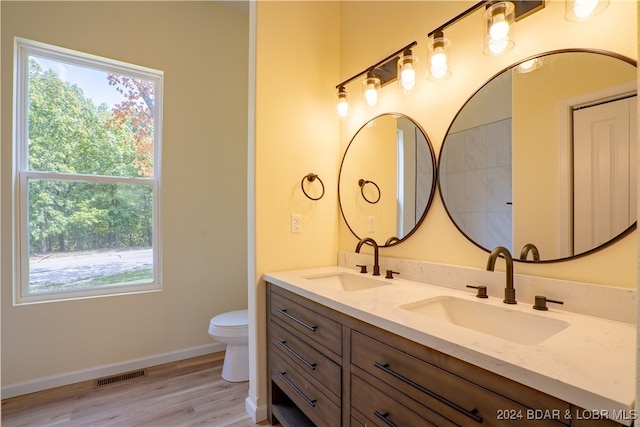 bathroom with vanity, hardwood / wood-style flooring, and toilet