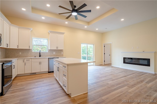 kitchen with ceiling fan, sink, light hardwood / wood-style flooring, appliances with stainless steel finishes, and a center island