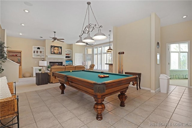 playroom featuring light tile patterned floors, pool table, and a healthy amount of sunlight