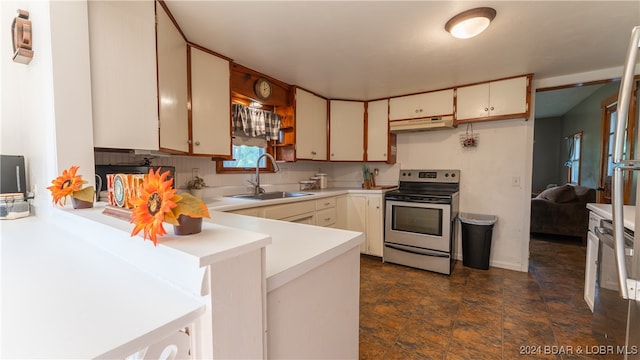 kitchen featuring white cabinetry, electric stove, backsplash, kitchen peninsula, and sink