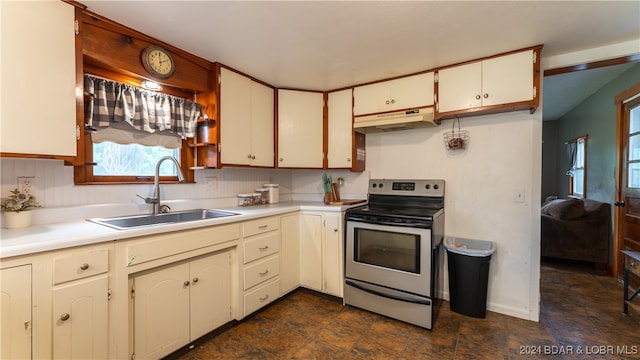 kitchen featuring stainless steel range with electric cooktop, backsplash, sink, and white cabinetry