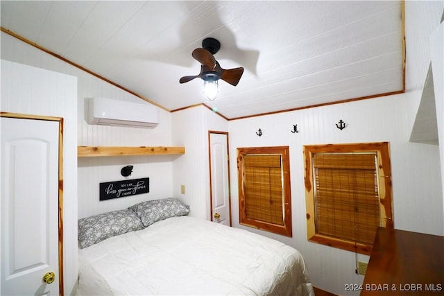 bedroom with ceiling fan, a wall mounted air conditioner, wood walls, vaulted ceiling, and ornamental molding