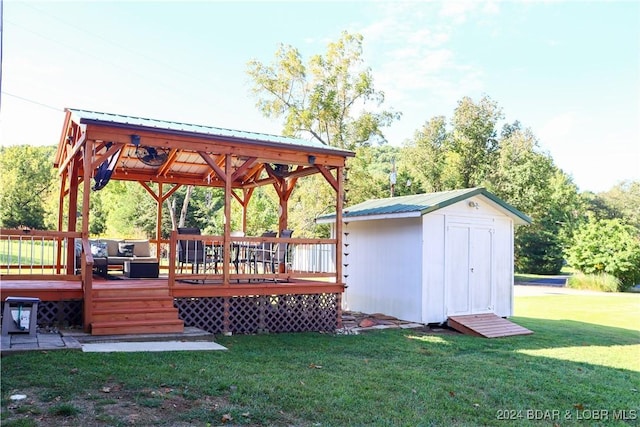 exterior space with a lawn and a shed