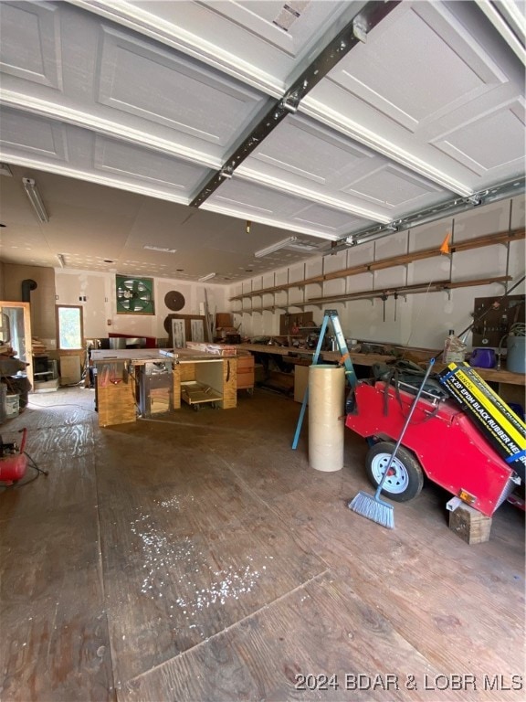 garage with a workshop area