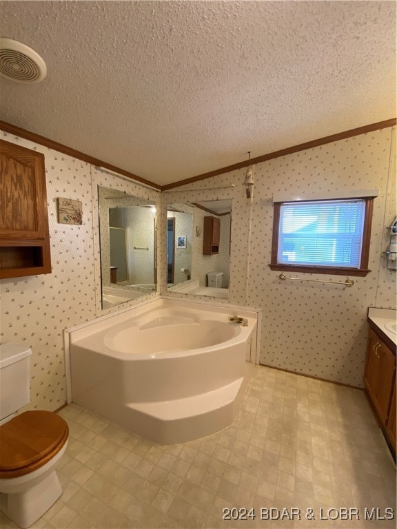 bathroom with crown molding, vanity, toilet, and a textured ceiling