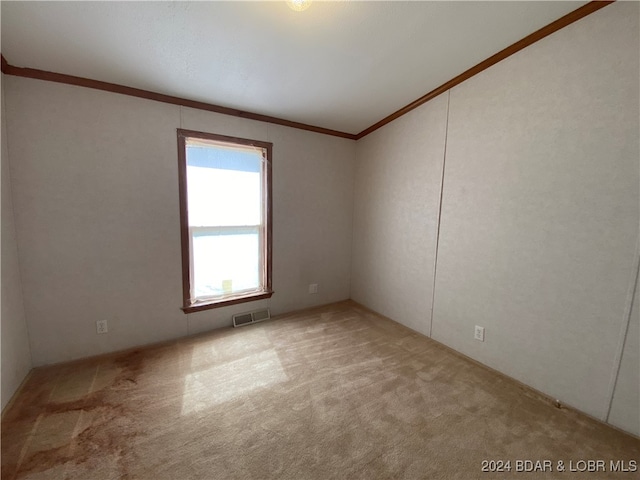 empty room with crown molding, a wealth of natural light, and light colored carpet