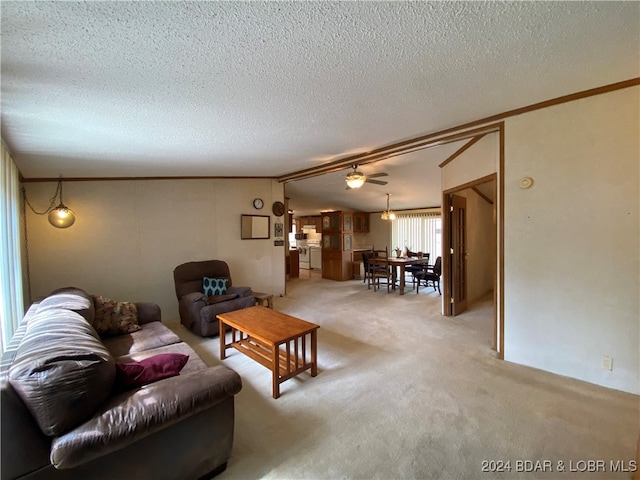 living room featuring ceiling fan, a textured ceiling, and carpet flooring