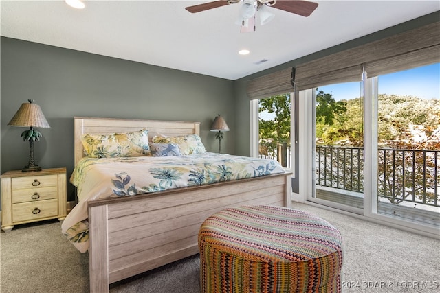 bedroom with ceiling fan, carpet floors, and access to exterior