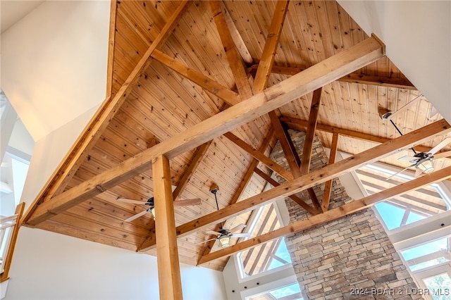 details featuring beam ceiling, ceiling fan, and wooden ceiling