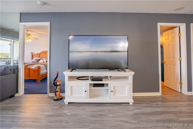 living room with hardwood / wood-style floors and ceiling fan