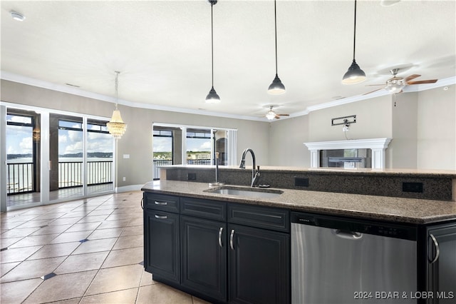 kitchen with ceiling fan, dishwasher, crown molding, and sink