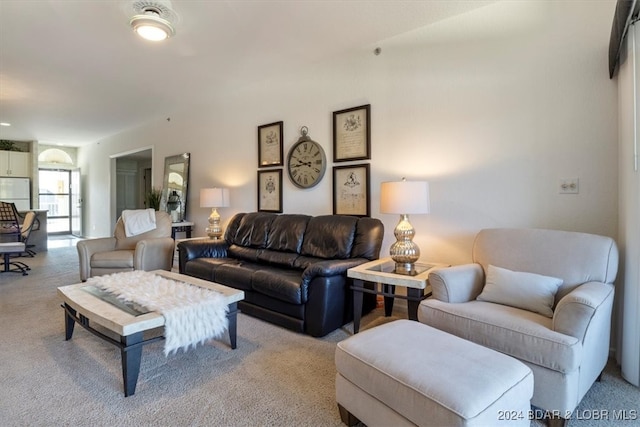 living room featuring light carpet