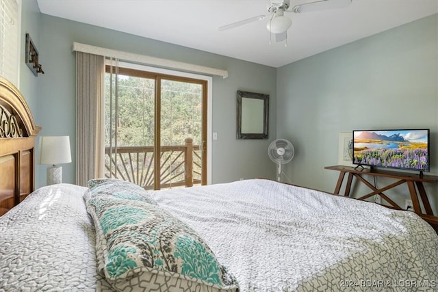 bedroom featuring ceiling fan and access to exterior