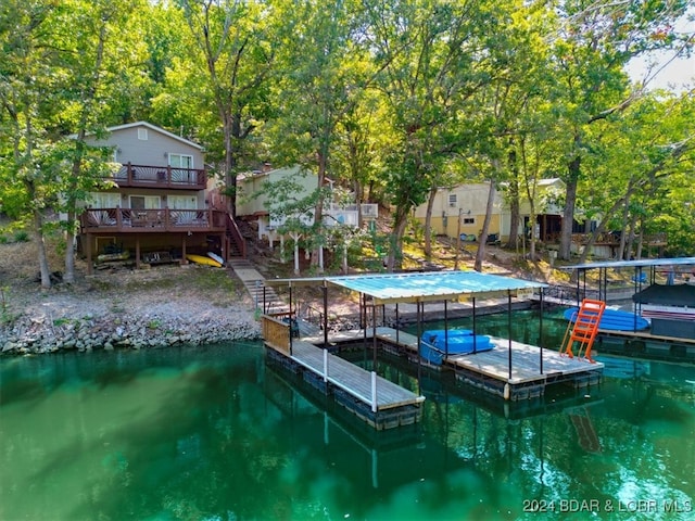 view of dock featuring a deck with water view