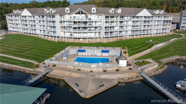 drone / aerial view featuring a water view