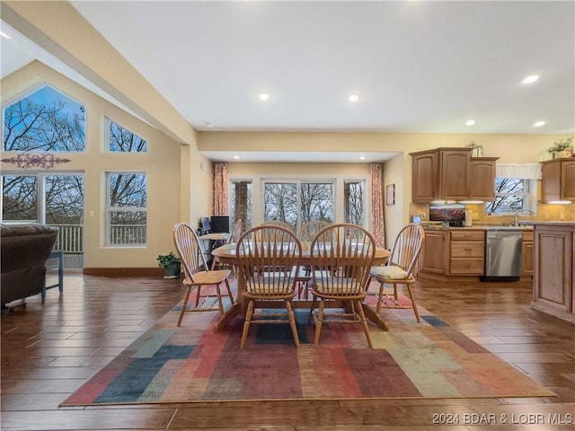 dining area featuring dark wood-type flooring