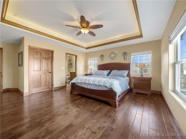 bedroom with a tray ceiling, ceiling fan, and dark hardwood / wood-style flooring