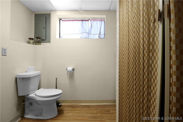 bathroom featuring hardwood / wood-style floors, toilet, and electric panel