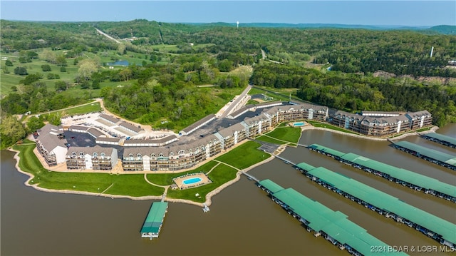 drone / aerial view featuring a water view