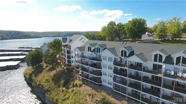 aerial view featuring a water view