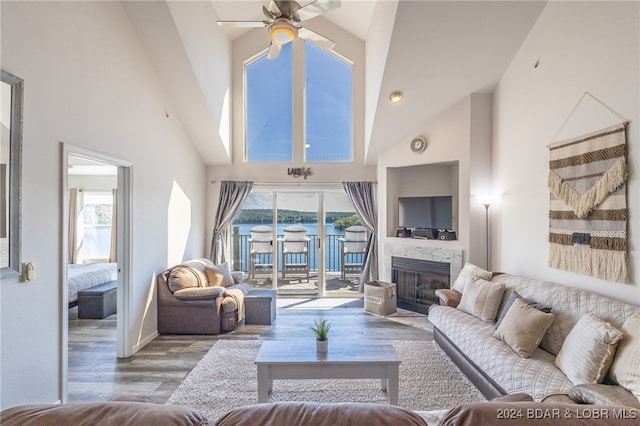 living room featuring light hardwood / wood-style floors, high vaulted ceiling, ceiling fan, and a premium fireplace