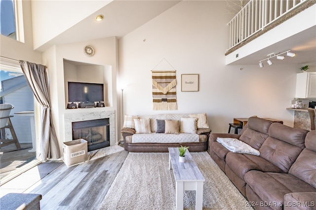 living room with hardwood / wood-style flooring, a fireplace, and high vaulted ceiling