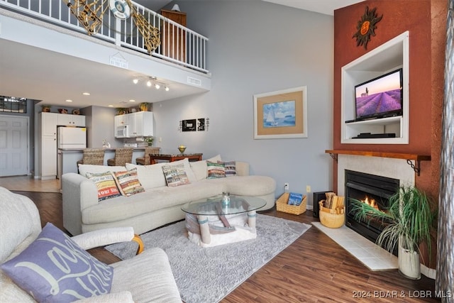 living room featuring a high ceiling, a fireplace, and dark hardwood / wood-style floors