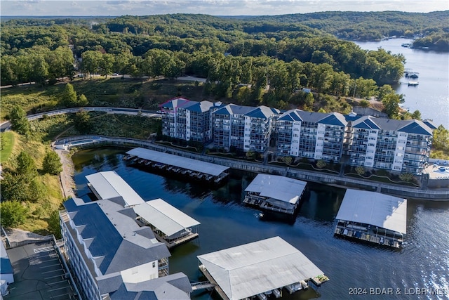 drone / aerial view with a water view