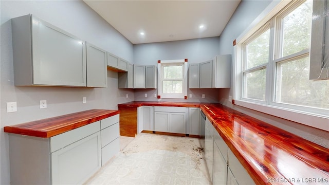 kitchen with wooden counters, plenty of natural light, and gray cabinetry